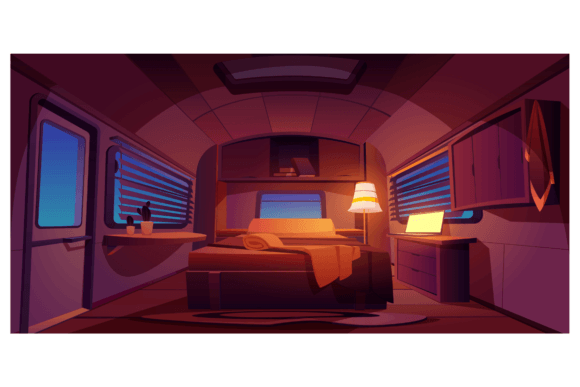 Download Camping Trailer Car Interior with Bed and Glowing Floor Lamp at Night Time - Glowing Collection